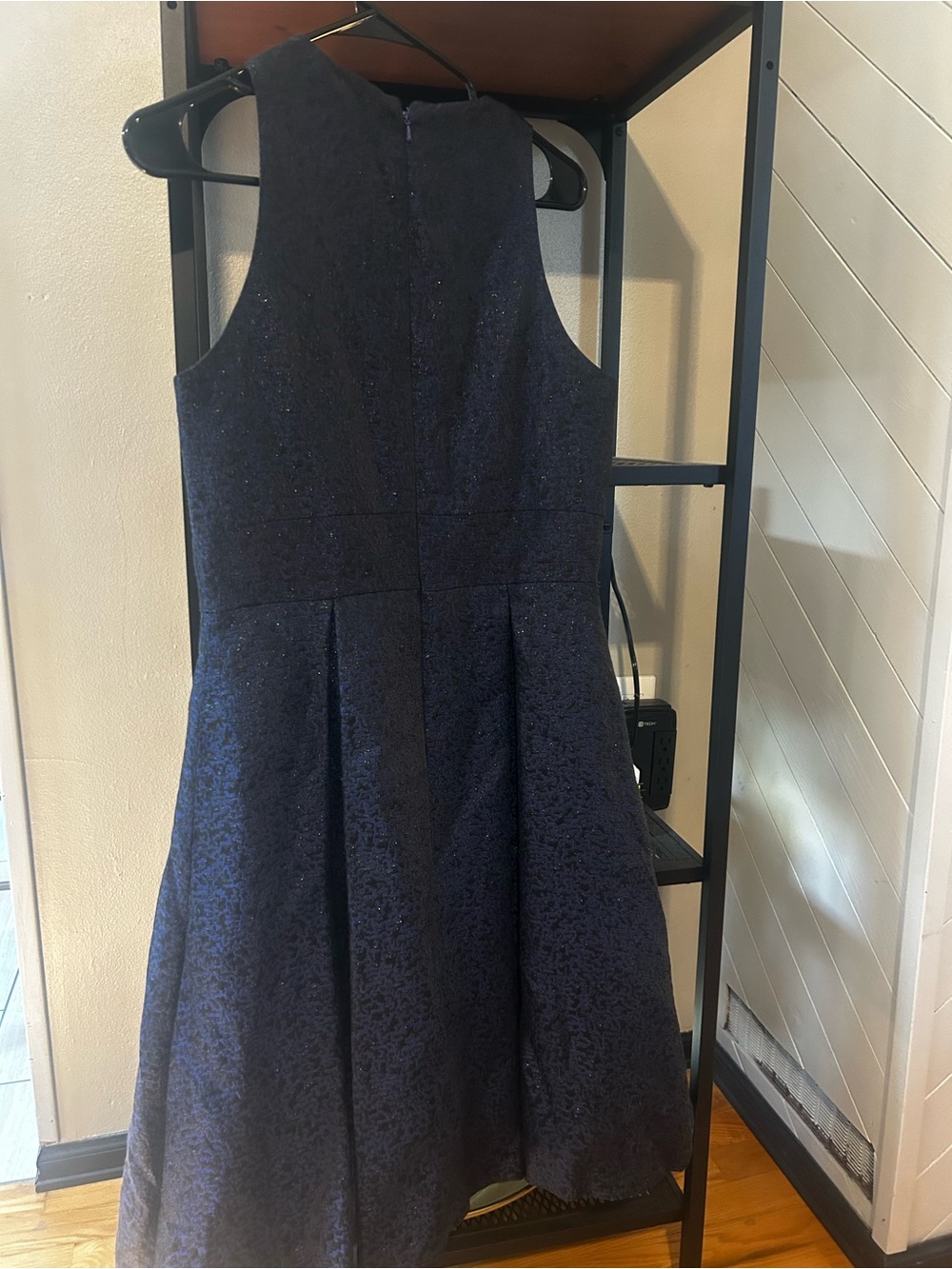 Carmen Marc Valvo Navy Textured Cocktail Dress with Beaded Placket - Picture 5 of 5